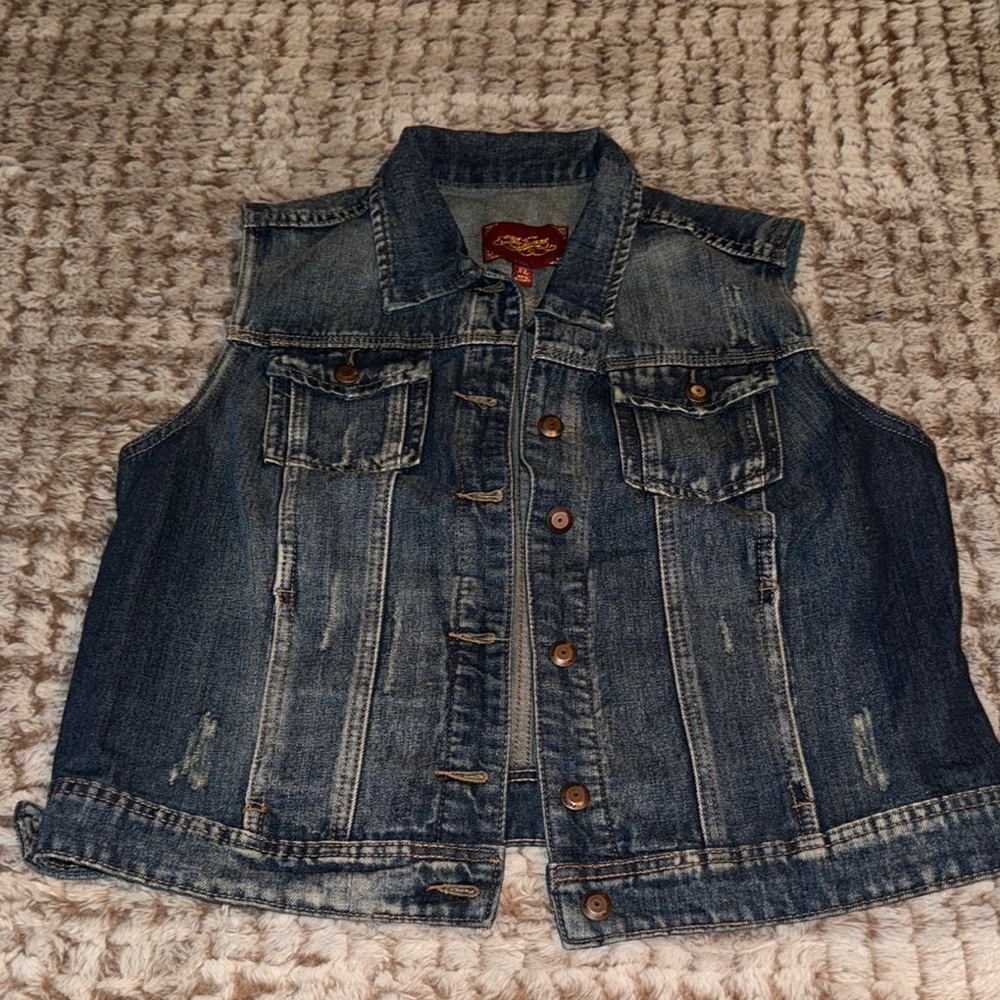 One 5 One Denim Vest with Brown Buttons